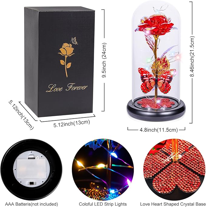 Mothers Day Rose Gifts for Mom Birthday Gift for Women Galaxy Glass Rose in Glass Dome Forever Eternal Crystal Roses with Butterfly Mother's Day Flower Gifts for Women Wife Grandma Daughter Sister Red