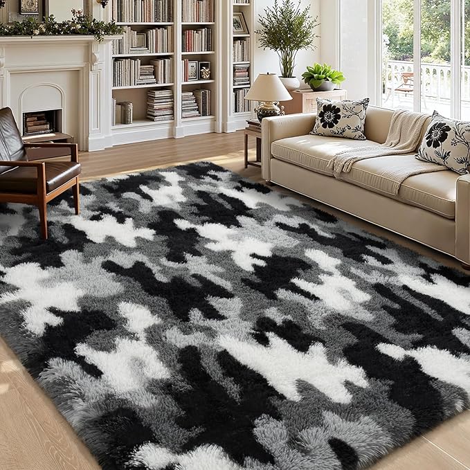 AROGAN Soft Fuzzy Kids Rugs for Girls Room Playroom 3x5 Feet, Fluffy Cute Colorful Princess Carpet for Kids Teens Nursery Toddler, Bedroom, Camouflage Black and White