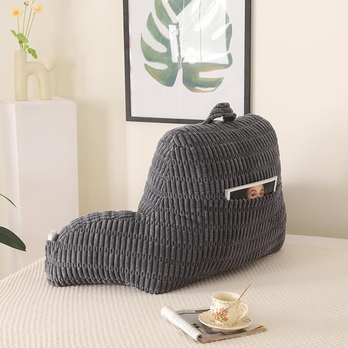 Large Reading Pillow for Sitting Up with Arms,Gray Corduroy | Back Pillow for Adults Backrest,19" Sitting Pillow Supports Reading,Gaming & Relaxing in Bed,Couch,Floor Corners