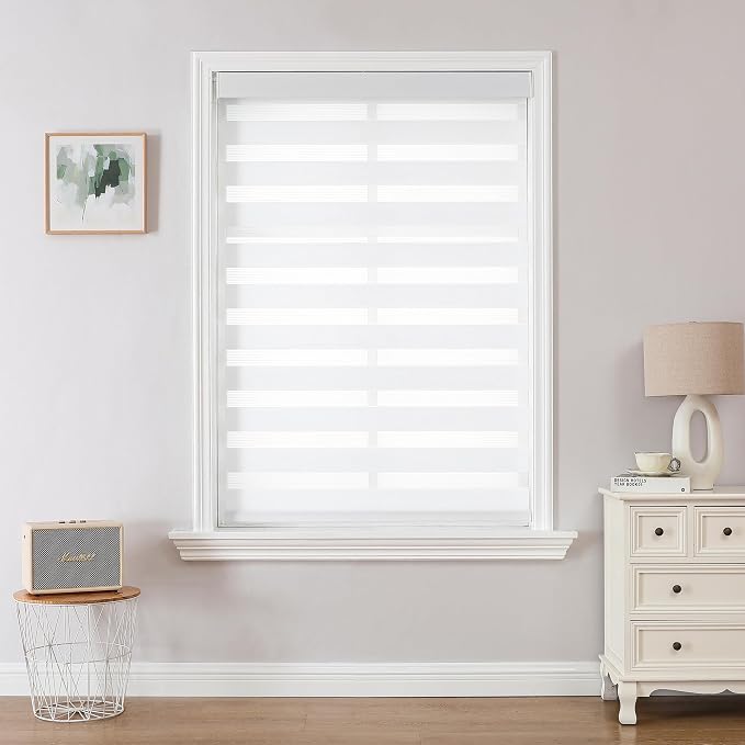 Joydeco Cordless Zebra Blinds (Pro), Dual Layer Light Control Zebra Blinds for Windows, Light-Proof Aluminum Cover, Free-Stop Roller Shades for Home & Office (White, 78" W x 96" H)