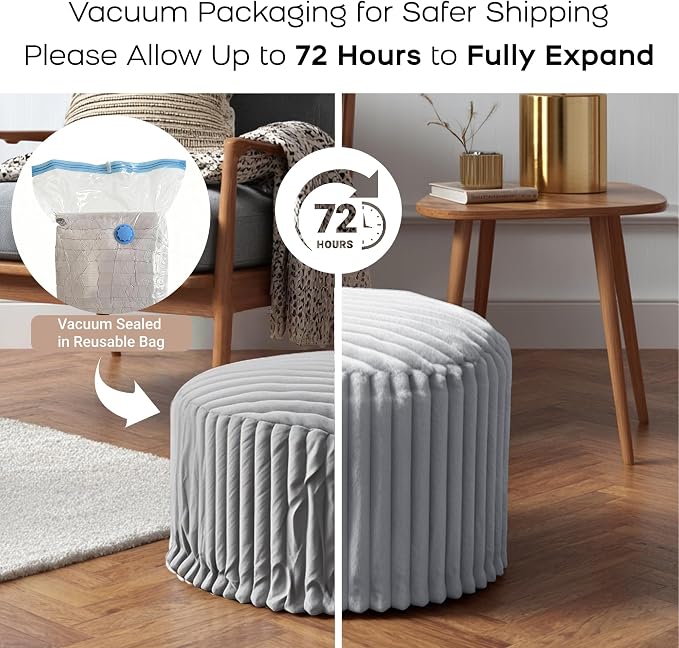 Round Stuffed Pouf Ottoman, Stripe Faux Fur Footrest, Solid Block Support+Soft Cushion Comfort, Removable Washable Cover, 20" Floor Pouf for Living Room Bedroom Dorm Vanity Under Desk, Gray