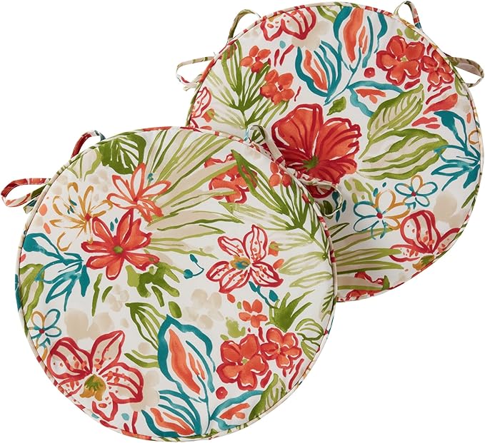 Set of 2 Outdoor 18 inch Round Patio Dining Chair Pads – Comfortable Fiber-Filled Seat Cushions with Ties, Reversible Polyester Fabric, Breeze Floral