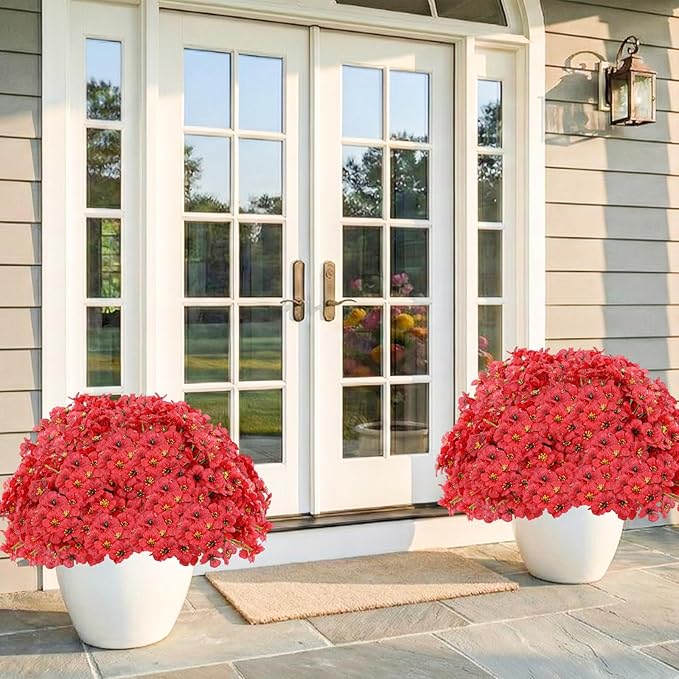 Powbrace 60 Pack Artificial Flowers for Outdoor Indoor Fake Plants, Faux Silk Flowers for Outdoors Outside Front Porch Hanging Planter Window Box Garden Spring Decoration(Red)
