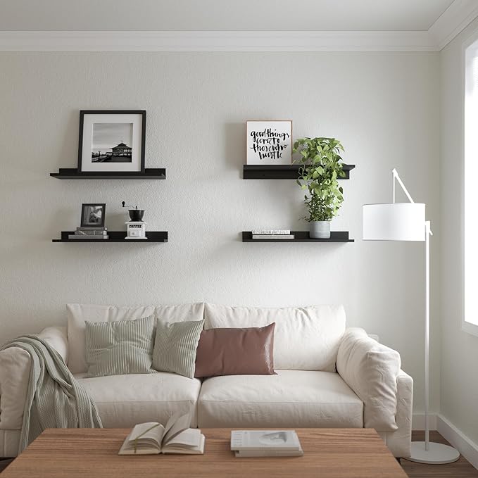 WOPITUES Floating Shelves, Wall Mounted Shelves for Room Decor, Modern Display Shelf for Bedroom, Sturdy Bathroom Storage Shelves, Book Shelves for Living Room, Black Small Corner Shelves, Set of 4