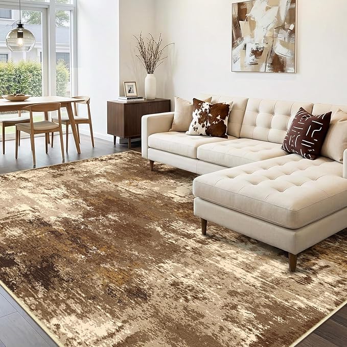 RELEANY Washable Area Rugs 6'x9' Non-Slip Modern Abstract Soft for Living Room Entryway Bedroom Nursery, Print Pattern, Brown Tan Beige Coffee