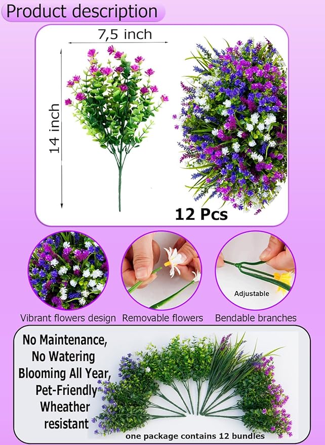 AXYLEX Artificial Flowers for Outdoors Fake Plants - 12 Bundles Faux Outside Greenery Boxwood No Fade Plastic Shrubs Home Decor Farmhouse Garden (Mixed, 3 Colors Magenta Purple White)