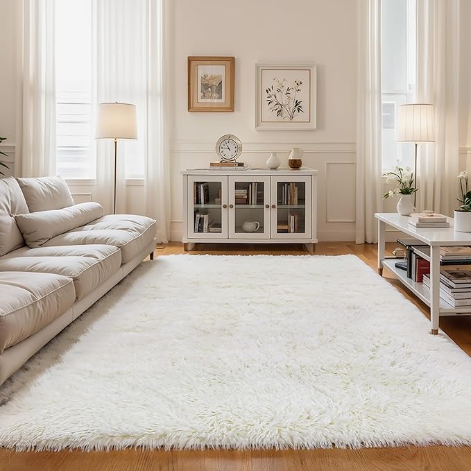 KCHOWUA Cream White Fluffy Area Rug for Girls Bedroom, 3'x5' Machine Washable Fuzzy Plush Carpet for Living Room, Soft Shaggy Throw Rug for Kids Dorm Room Nursery, Ivory