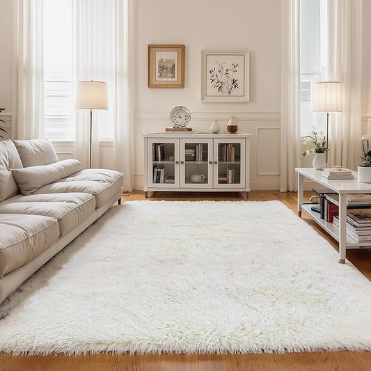 KCHOWUA Ceam White Fluffy Shag Large Area Rug for Living Room,5'x8' Machine Washable Furry Fuzzy Rugs for Bedroom,Modern Soft Shaggy Plush Cute Carpet for Kids Boys Girls Dorm Room Nursery,Ivory