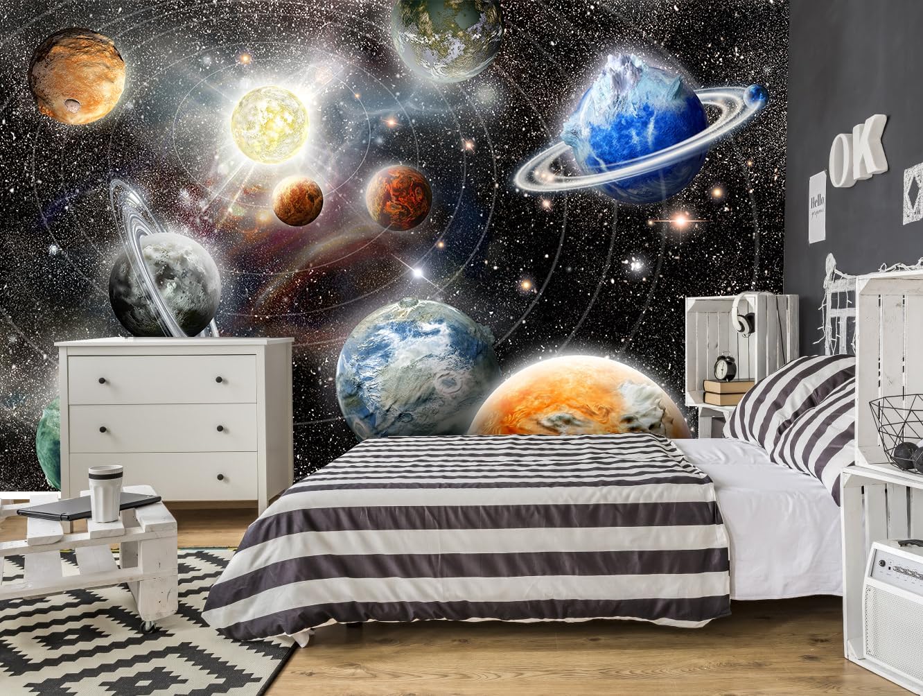 Galaxy Starry Sky Space Wall Mural Saturn Mars Venus Planet Wallpaper for Kids Room Bedroom Living Room(Not Peel and Stick)