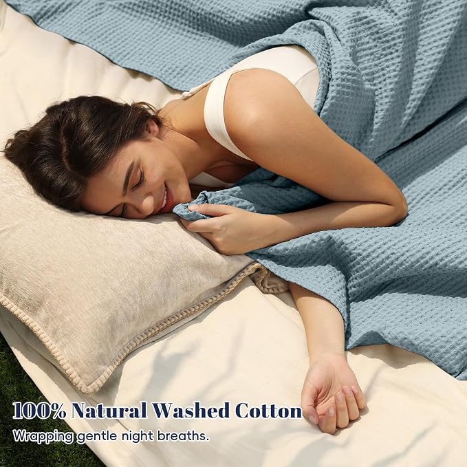 PHF Pre-Washed 100% Cotton Waffle Weave Blanket Queen Size for Bed,Snag Proof Throw Blanket for Couch Spring Summer Lightweight Breathable,Machine Washable, Home Decor Gift - Dusty Blue