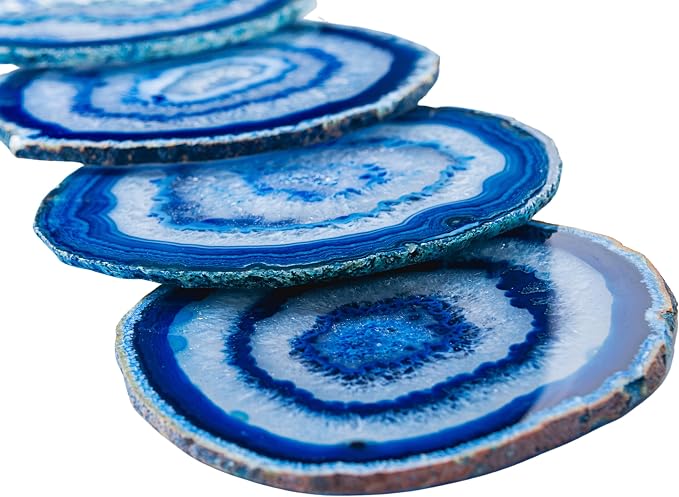 Nature's Decorations Blue Agate Stone Coasters - Set of 4, Polished Geode Drink Mats for Dining & Coffee Table & Kitchen Geode Decor Non-Toxic 4.5-5" Diameter