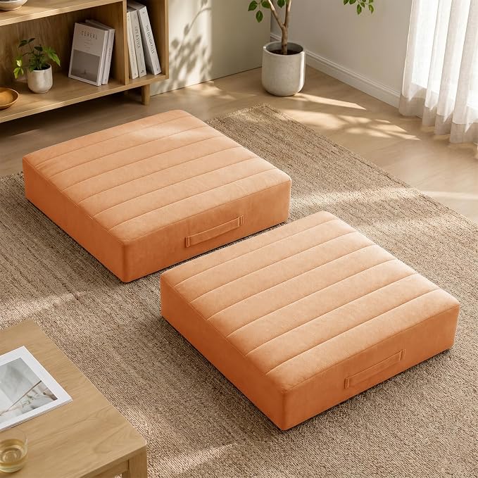 JKMAX 2 Pcs High Density Foam Floor Pillow - Upgraded Large Pillows Seating for Adults - Outdoor Floor Cushion with Soft Tufted Cover - Yoga Pillows for Sitting On Floor - 22 Inch Orange