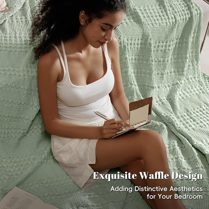 PHF 100% Cotton Waffle Blanket King Size for Bed, Lightweight Breathable and Soft for Summer, Luxury Aesthetic Waffle Weave Blanket for Home Decor & Gifts for Women, 108"x90", Mint Green