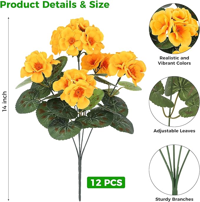Ouddy Decor Artificial Geranium Flowers for Outdoors, Fake Silk Flowers UV Resistant Faux Geraniums for Vase Planter Garden Patio Balcony Porch Indoor Outdoor Spring Summer Home Decor, 12 Pcs Yellow