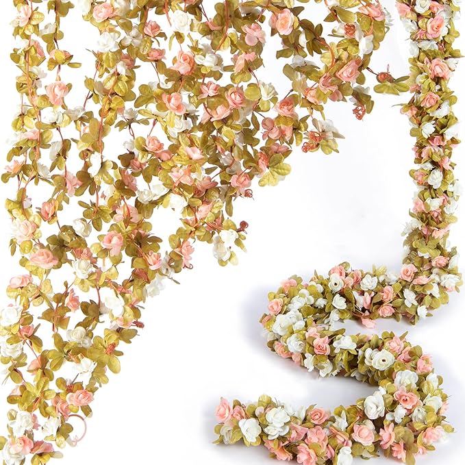 PONKING 8 Pcs x 8.2 ft Flower Garland Artificial Rose Vine Flowers with Green Leaves Hanging Fake Roses Vine for Room Party Home Wedding Birthday Christmas Wall Arch Decor, Pink White Flower