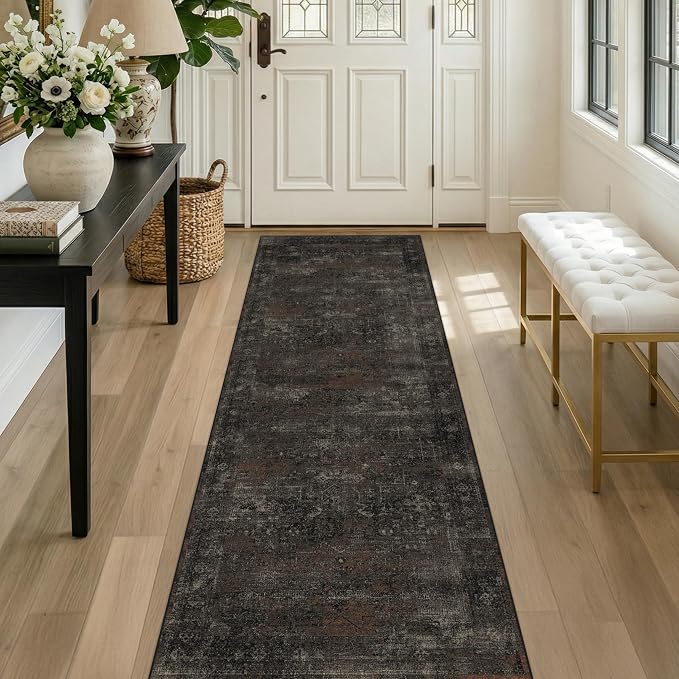 Black 2'6" x 10' Extra Long Hallway Runner Rug, Washable Non Slip Kitchen Runner, Dark Charcoal Low Pile Stain Resistant Rug for Entryway, Bathroom & Laundry Room