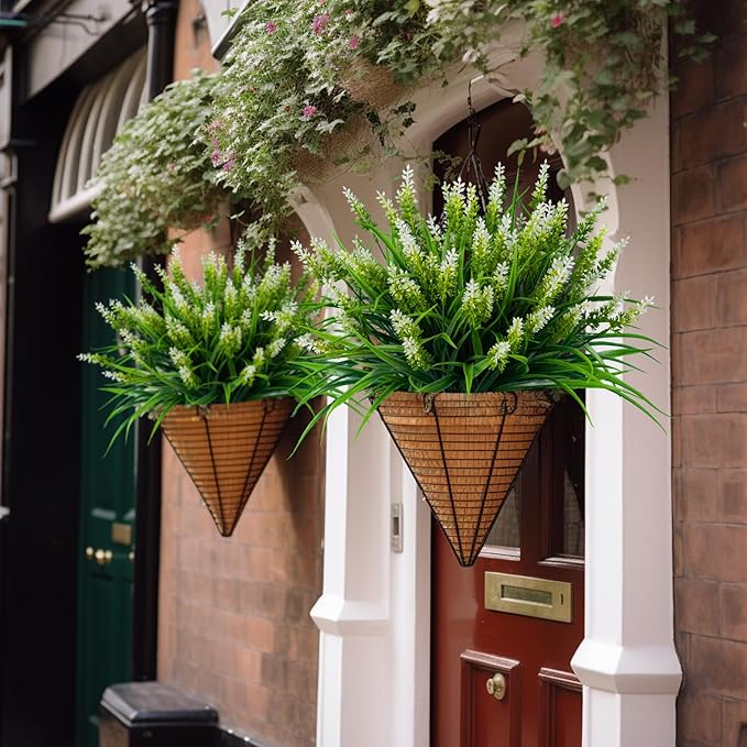 Nigirior Artificial Flowers for Outdoor Plants 24 Bundles Fake Lavender Plastic Faux Monkey Grass for Verandah Window Garden Office Patio Front Porch UV Resistant for Planter(White)