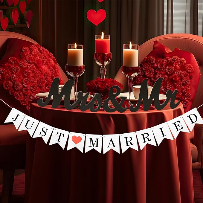 Mr. & Mrs. Sign for Table, Just Married Banner, Wooden Wedding Decor - Black Banner
