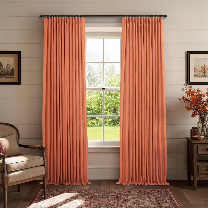 Burnt Orange Pinch Pleated Linen Curtains 108 Inches long for Living Room 2 Panels Pleat Drapes Back Tab Semi Sheer Autumn Cozy Boho Antique Curtains for Bedroom Window 9 FT Ceiling to Floor Length