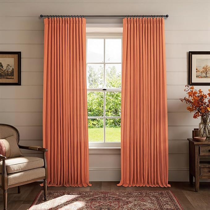 Burnt Orange Linen Pleated Curtains 90 Inches Long for Living Room Bedroom 2 Panel Boho Farmhouse Western Home Decor Fall Terracotta Rust Colored Orange Drape for Patio Door Pinch Pleat Track Back Tab
