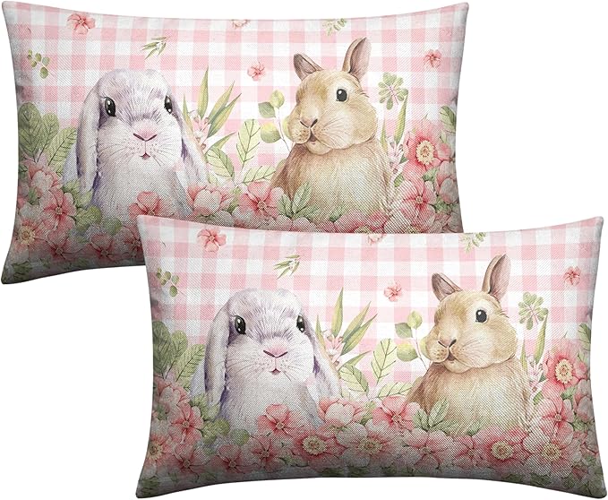 Easter Bunny Lumbar Pillow Covers 12x20 Set of 2 Spring Floral Decorative Pillowcase Cute Rabbit Cotton Linen Cushion Case Pink Plaid Throw Pillow Covers for Sofa Patio Outdoor