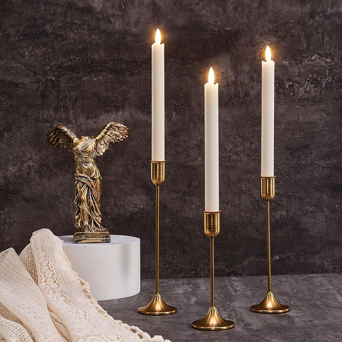 Brass Gold Candlestick Holders Set of 6, Metal Taper Candle Stick Holder | Vintage Modern Candle Holder Decor for Table Centerpiece, Fireplace Mantel Wedding Housewarming Gift, Candlelit Dinner Décor