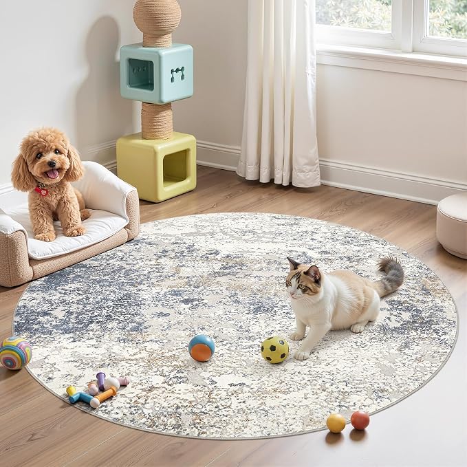 DMOYEST 5ft Round Area Rug Living Room Rugs - 5x5 Washable Large Soft Indoor Neutral Modern Abstract Low Pile Rug Carpet for Bedroom Dining Room Farmhouse Home Office - Beige Blue