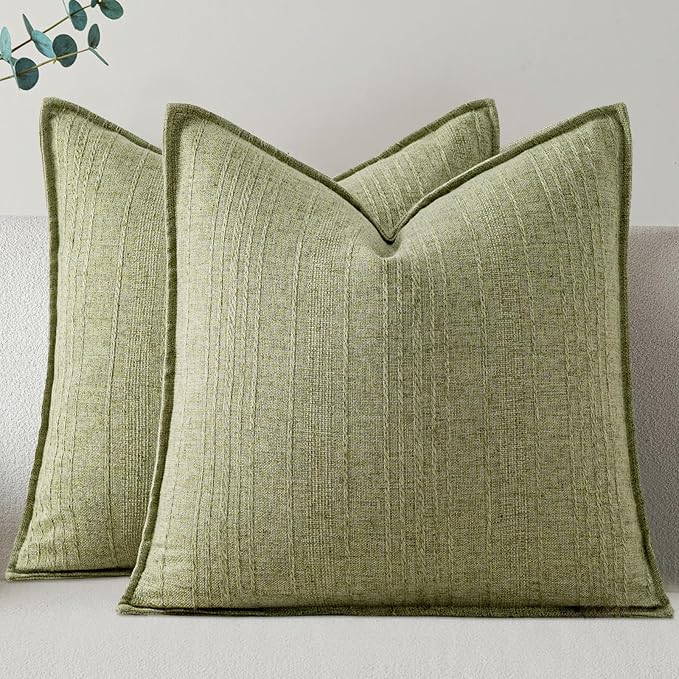 a moment Linen Pillow Covers Set of 2,Boho Farmhouse Throw Pillowcases Neutral Textured Decorative Covers for Couch Sofa,Linen Blend Accent Case Cushion Living Room Home Decor 26"x26"Seeding Green