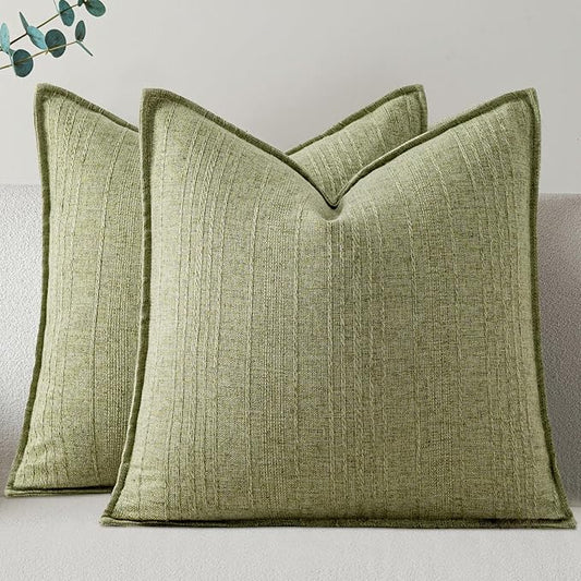 a moment Linen Pillow Covers Set of 2,Boho Farmhouse Throw Pillowcases Neutral Textured Decorative Covers for Couch Sofa,Linen Blend Accent Case Cushion Living Room Home Decor 26"x26"Seeding Green