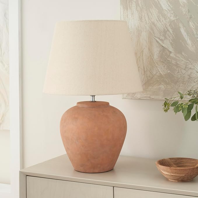 Nourison Home 20" Rustic Terracotta Ceramic Table Lamp with Fabric Shade, Bedside Nightstand Lamp for Bedroom, Living Room, Entryway