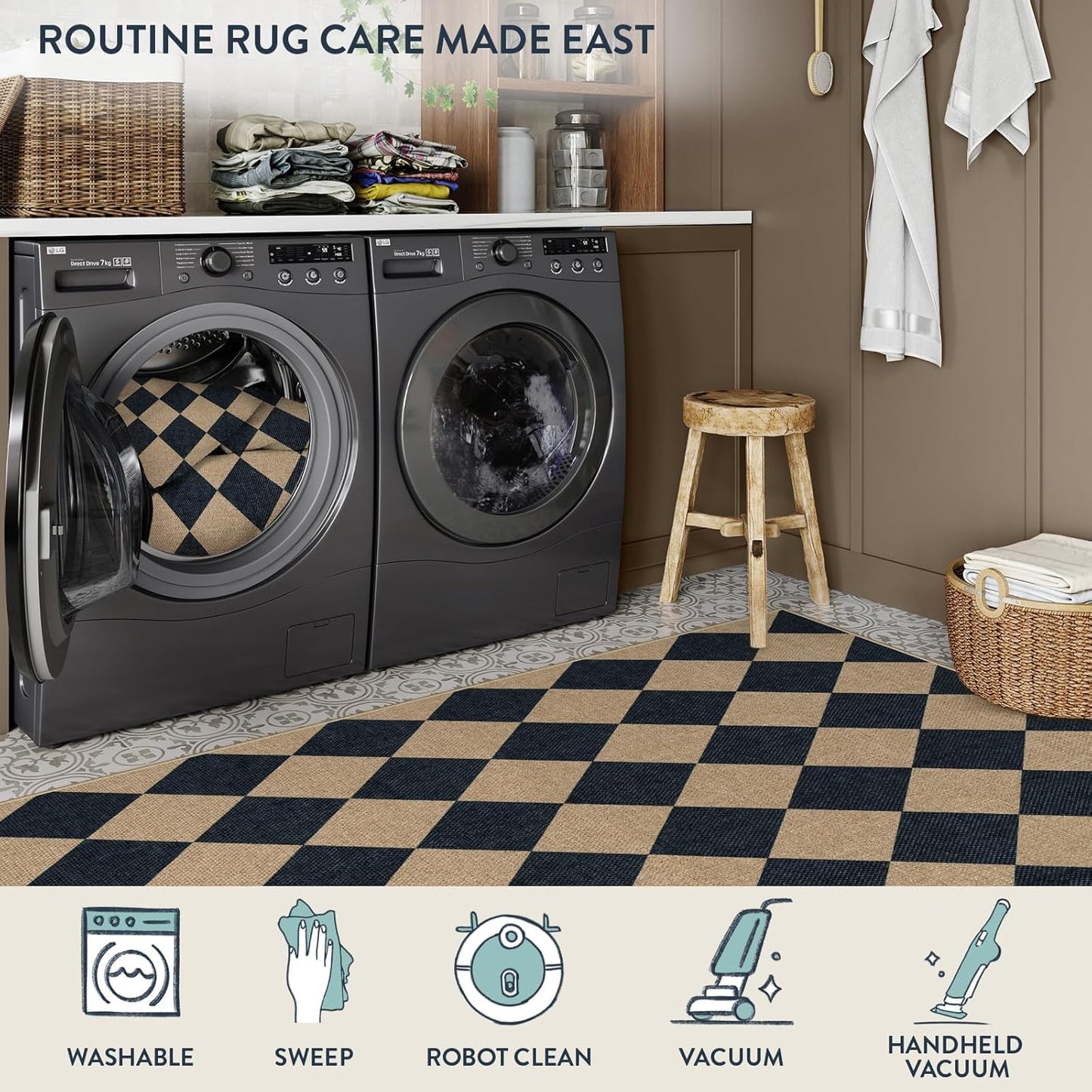 Lahome Checkered Round Rugs 6ft, Washable Easy Jute Circle Patio Rug Indoor Outdoor Rugs for Living Room, Farmhouse Natural Round Area Rug Contemporary Carpet for Entryway Backyard