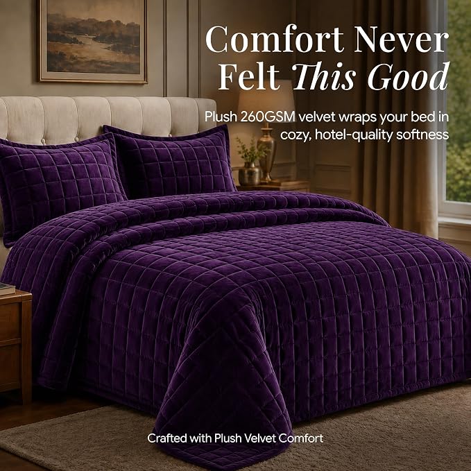 Tribeca Living Luxury Velvet Quilt Queen Size Set - 260GSM Ultra-Soft Oversized Velvet Bedspread Comforter Set with 2 Shams, in Florence Purple