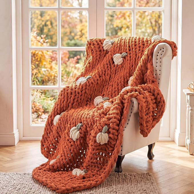 Mindsoft Chunky Knit Throw Blanket Large 50" X 60" Handmade Cream Chenille Loop Yarn Fluffy Soft Knitted Throw Big Cozy Thick Cable Knit Crochet Blanket for Couch Sofa Bed (Burnt Orange,Pumpkin)