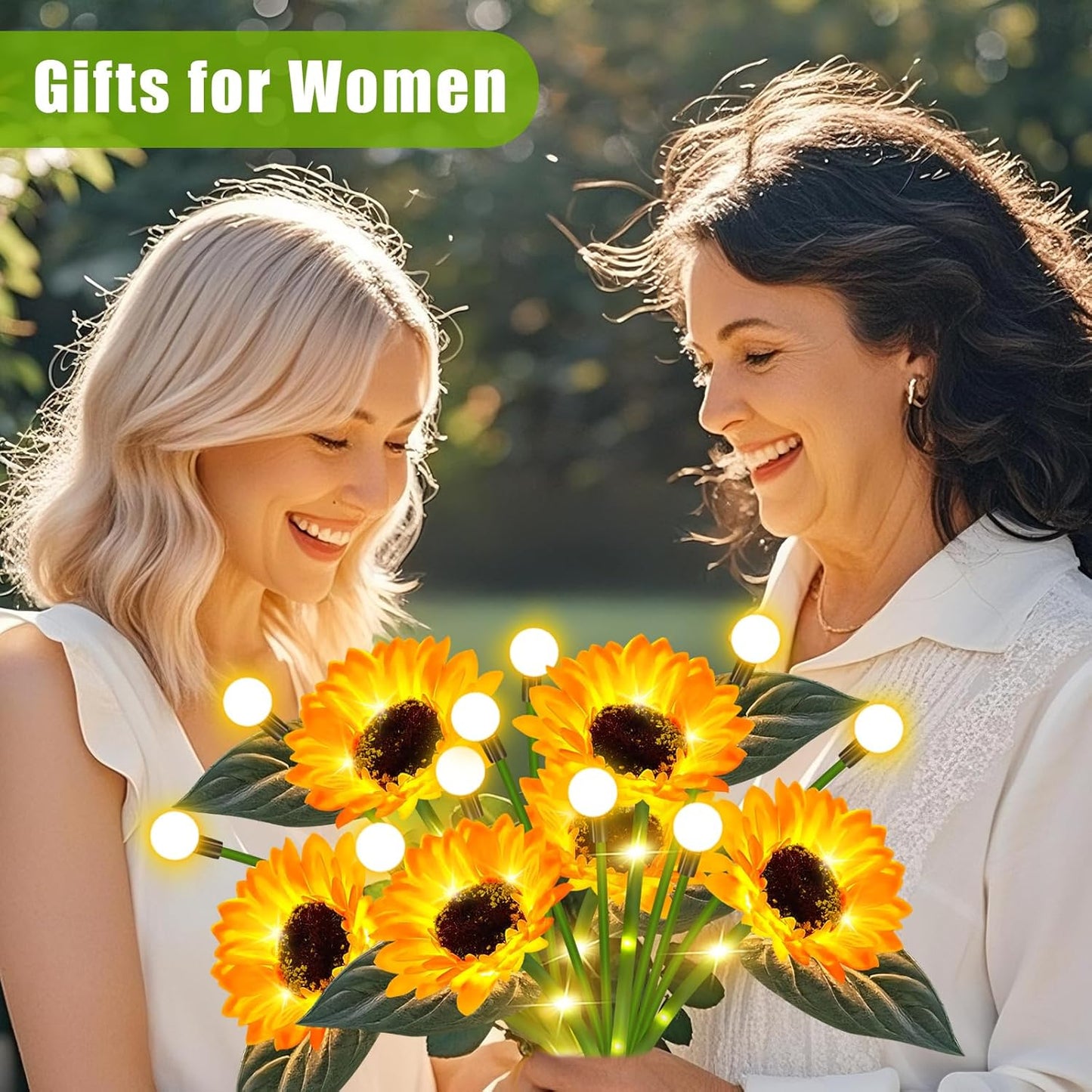 Solar Garden Lights Outdoor - Upgraded 4 Pack Solar Sunflowers Outdoor Waterproof with Firefly Lights,Garden Decor for Outside Yard Patio Lawn, Gardening Gifts for Mom Women Grandma