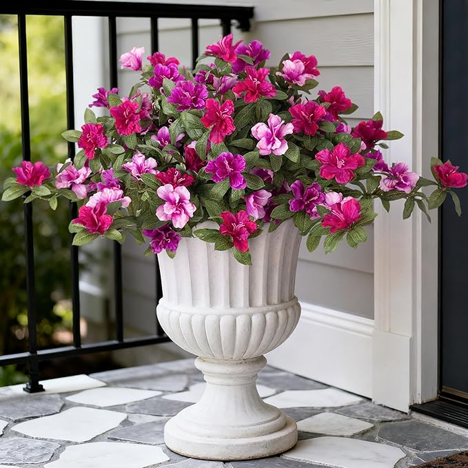 Ammyoo Artificial Fake Azalea Flowers for Outdoor Spring Decoration, Faux Silk Flower for Summer UV Resistant Look Real Plants for Garden Yard Porch Walkway Indoor Decor, 2PCS