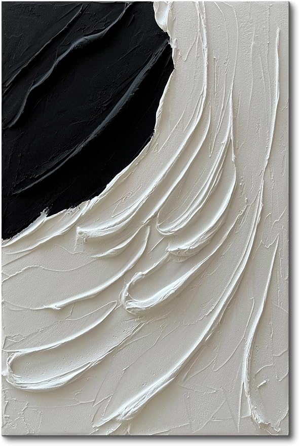 Creespi Large Hand Painted Black and White Thick Textured Wall Art 30x45 inch,Modern Minimalist Abstract Oil Painting On Canvas for Wall Decoration