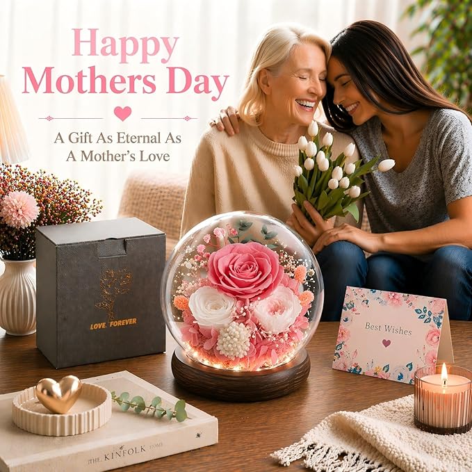 FIACO Gifts for Mom Mother Day Preserved Flowers in Glass Dome Long-Lasting Eternal Rose Birthday Gifts for Women Grandma Wife Sister Girlfriend Pink Flowers for Delivery Prime Anniversary
