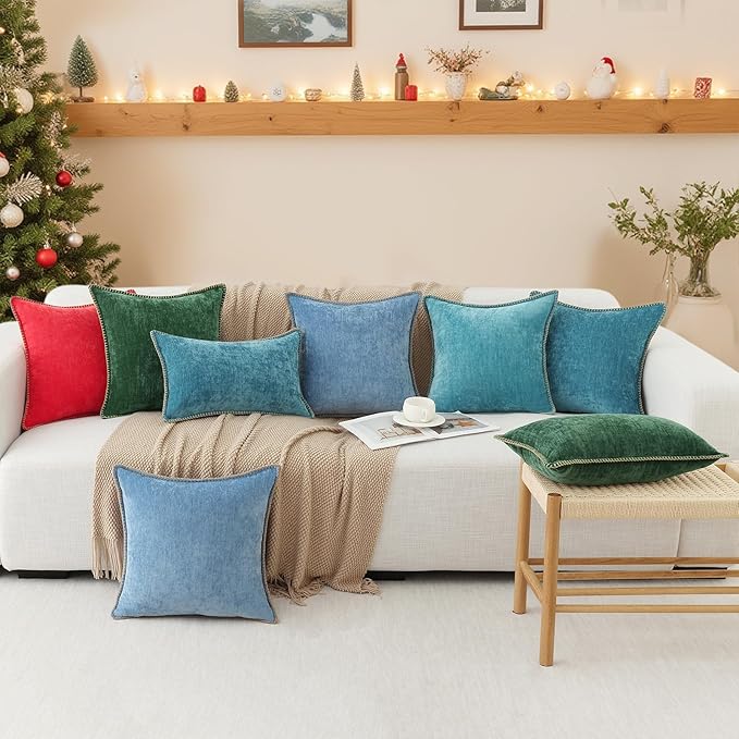 decorUhome Chenille Soft Cozy Throw Pillow Covers 22x22 Set of 2, Modern Farmhouse Boho Velvet Decorative Euro Sham Pillow Cases with Stitched Edge for Couch Sofa Bed Home Decor, Christmas Red