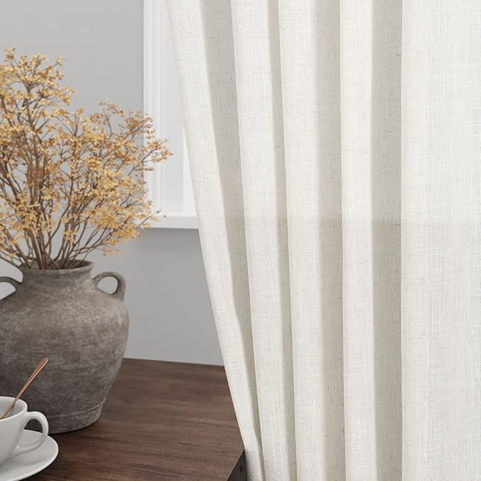 Cream Linen Curtains 110 Inches Long 2 Panels Set for Living Room Extra Long Back Tab Curtains Neutral Farmhouse Light Filtering Semi Sheer Linen Drapes Ceiling to Floor for Large Window 52x110