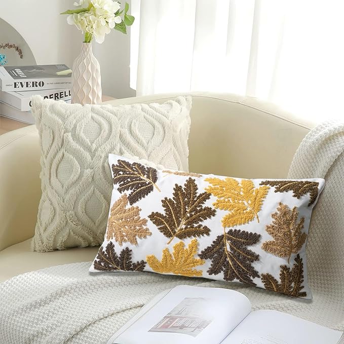 Set of 2 Embroidered Decorative Throw Pillow Covers Couch Square Pillowcases Cushion for Bedroom Sofa Farmhouse Decor 18x18 Inch (Yellow Maple Leaf-Lumbar)