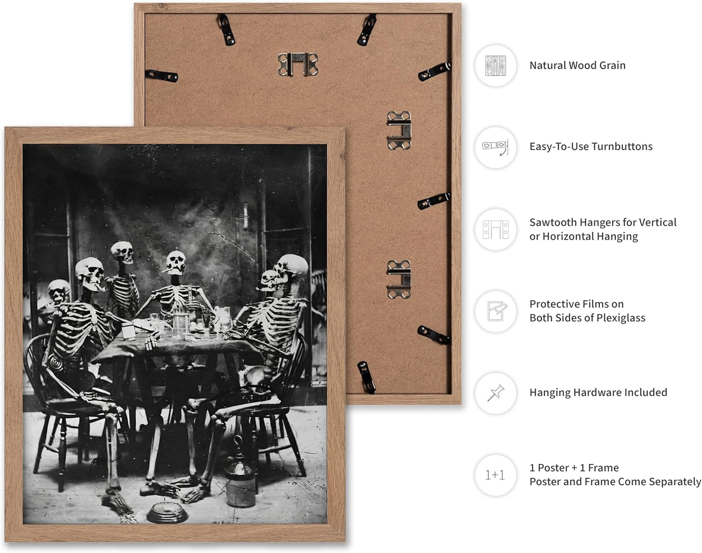 Poster Master Vintage Photograph Poster - Retro Daguerreotype Print - Gift for Artist, Friend - Skeletons Smoking at Table, Dinner Party, Goth - Wall Decor for Home, Dorm, 16x20 Beige Framed