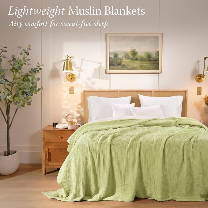 Threadmill King Size Muslin Blanket |Pre Washed 4 Layer Lightweight Gauze for All Seasons | Soft, Breathable, and Cozy Picnic Blankets| Pre Washed Summer Blanket Fits Cal King Size Bed | Sage Green