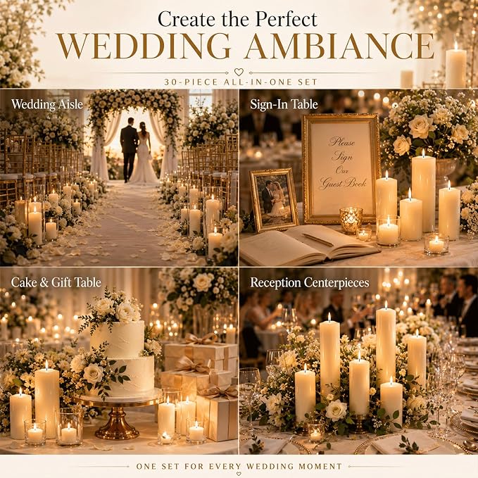 Soy Wax Pillar Candle Set of 18,Unscented White Pillars (2x3, 2x6, 2x8 in) & 12 Tea Lights, Long Clean Burning, Smokeless Natural Soy Candles for Wedding, Party, Home,Dinner Table, Emergency