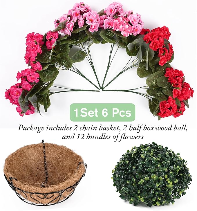Waipfaru 2 Set Artificial Geraniums for Outdoors with Hanging Baskets, 12 Bundles UV Resistant Artificial Outdoor Plants, Fake Flowers for Spring Front Porch Home Patio Balcony Yard Decor, Mixing
