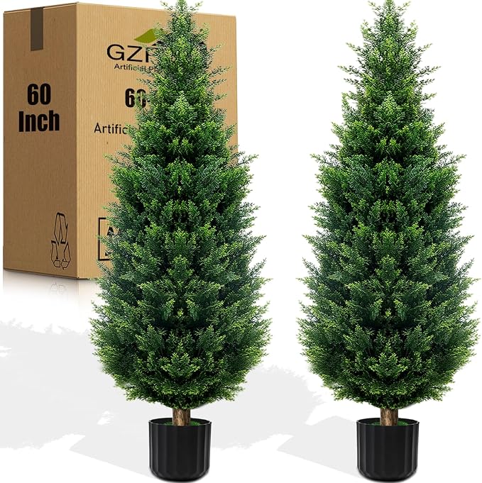 5Ft Artificial Cedar Topiary Trees (2-Pack) - UV Resistant Fake Shrubs with Ground Spike for Outdoor & Indoor Use, Front Porch, Garden Decor