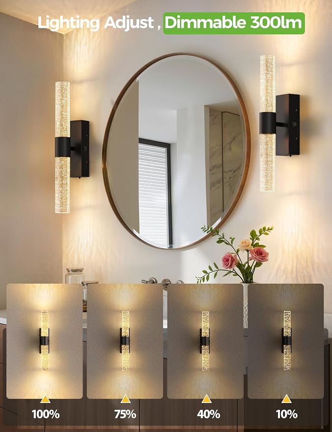 JOFIOS Battery Operated Wall Sconce Set of 2,3CCT Dimmable,10400mAh,Black Modern Rechargeable Wall Sconce with Remote,Wireless Wall Lights for Bedroom,Living Room,Hallway(15.3 inch)