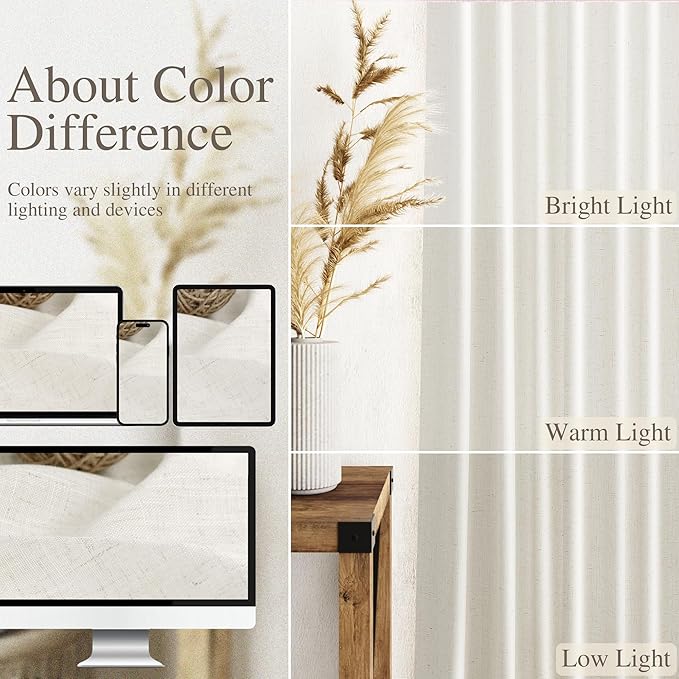 Cream Linen Curtains 91 Inches Long for Living Room Extra Long Back Tab Curtains Neutral Farmhouse Light Filtering Semi Sheer Linen Drapes Ceiling to Floor for Large Window 2 Panels Set 52x91