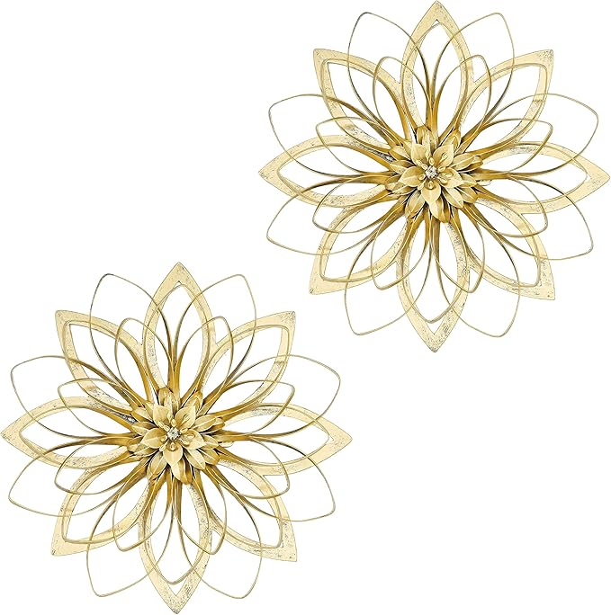 Remenna Metal Flowers Wall Decor, Metal Rustic Wall Art Decoration Farmhouse Wall Decorations Multiple Floral Hanging Decor for Bathroom Living Room Home Office Garden Kitchen (Rustic Gold - 2)