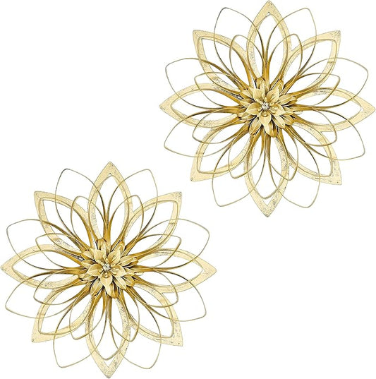 Remenna Metal Flowers Wall Decor, Metal Rustic Wall Art Decoration Farmhouse Wall Decorations Multiple Floral Hanging Decor for Bathroom Living Room Home Office Garden Kitchen (Rustic Gold - 2)