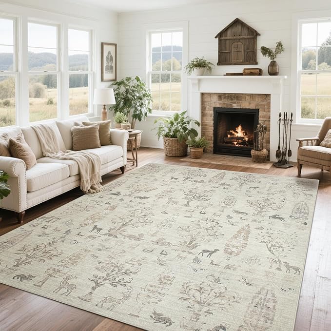 Srugn Washable Rugs 8x10 Area Rugs for Living Room,Bedroom,Dining Room- Large Ultra Soft Faux Wool Retro Carpet,Non Slip&Non-Shedding Low Pile Vintage Print Rug for Home Office Dorm Playroom-Brown